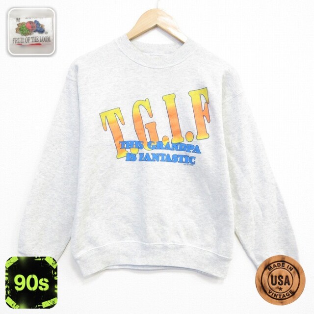 【20%OFF】フルーツオブザルーム 90s 長袖スウェット TGIF グレー メンズM相当 | 古着