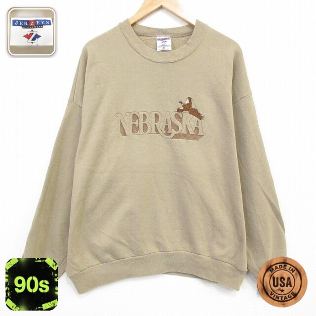 【20%OFF】ジャージーズ 90s 長袖スウェット ネブラスカ刺繍 ベージュ メンズXL相当 | 古着