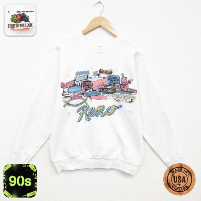 【20%OFF】フルーツオブザルーム 90s 長袖スウェット Reno ホワイト メンズM相当 | 古着