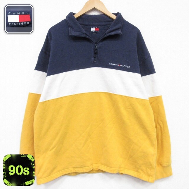 【20%OFF】トミーヒルフィガー 90s ハーフジップスウェット ワンポイントロゴ ネイビー メンズXL相当 | 古着