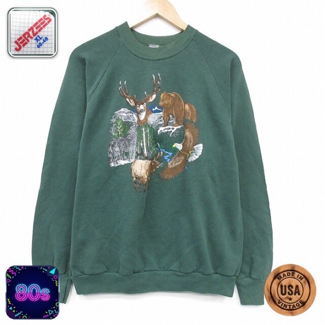 【20%OFF】ジャージーズ 80s ラグランスウェット シカクマ グリーン メンズL相当 | 古着