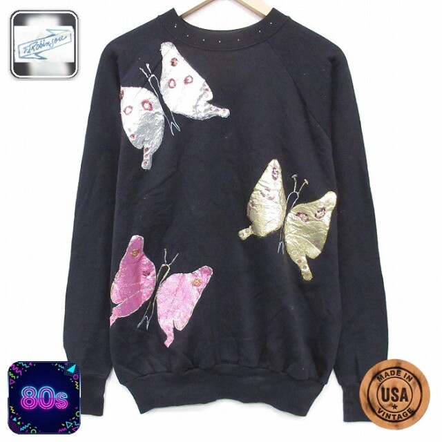 【20%OFF】80s ラグランスウェット チョウハンドペイント ブラック メンズL相当 | 古着