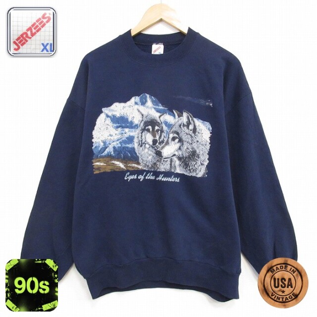 【20%OFF】ジャージーズ 90s 長袖スウェット オオカミ ネイビー メンズXL相当 | 古着