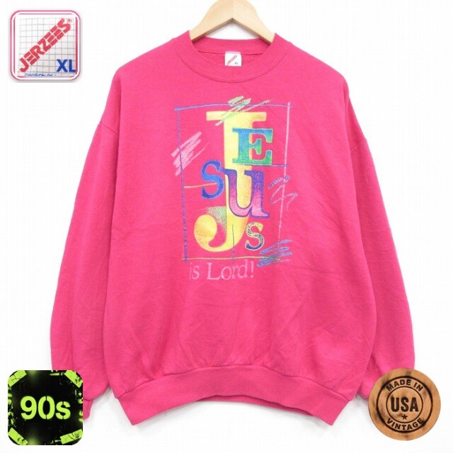 【20%OFF】ジャージーズ 90s 長袖スウェット ジーザス ピンク メンズXL相当 | 古着