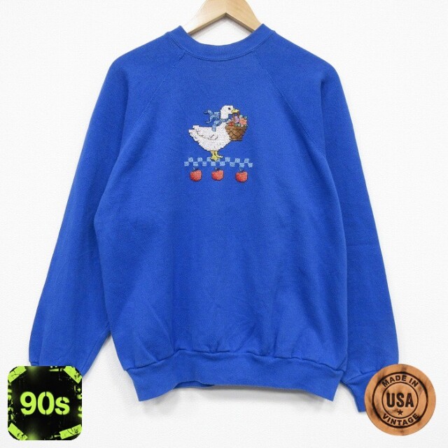 【20%OFF】90s ラグラン長袖スウェット 鳥刺繍 ブルー メンズL相当 | 古着