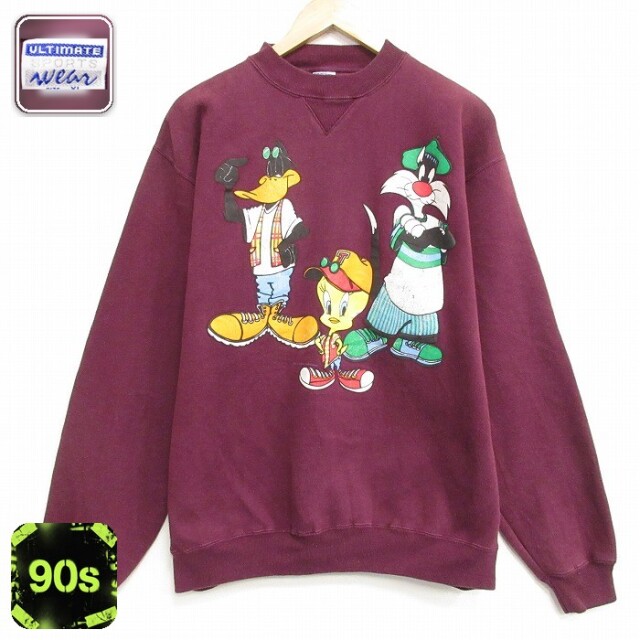 【20%OFF】ルーニーテューンズ 90s 長袖スウェット トゥイーティー バーガンディ メンズL相当 | 古着
