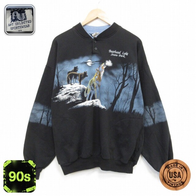 ART UNLIMITED 90s 長袖スウェット オオカミ ブラック メンズXL相当 | 古着