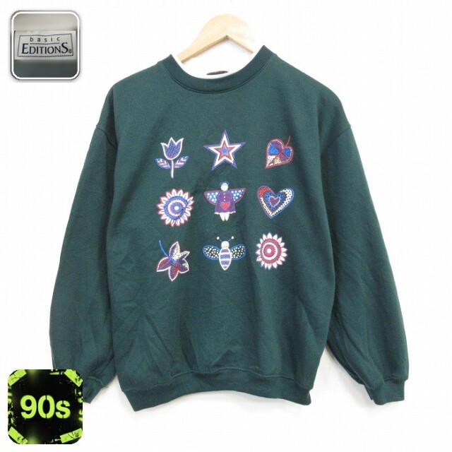 【20%OFF】ベーシックエディションズ 90s 長袖スウェット 花 グリーン メンズM相当 | 古着