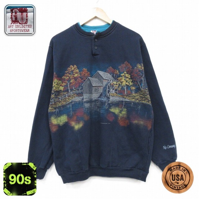 【20%OFF】ART UNLIMITED 90s 長袖スウェット 水車小屋 ネイビー メンズL相当 | 古着