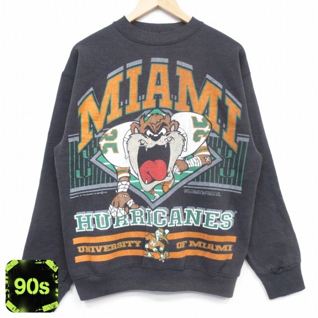【20%OFF】90s 長袖スウェット ルーニーテューンズタズマイアミハリケーンズ ブラック メンズL相当 | 古着