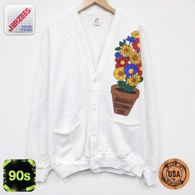 【20%OFF】90s 長袖スウェットカーディガン 花 ホワイト メンズL相当 | 古着