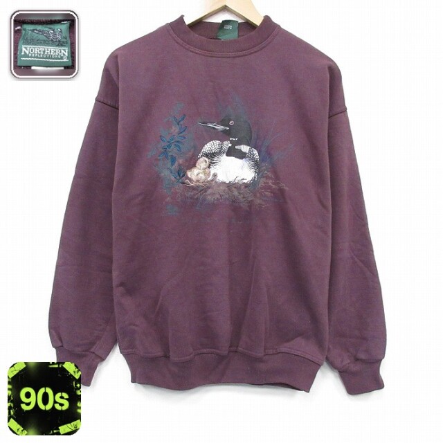 【20%OFF】NORTHERN REFLECTIONS 90s 長袖スウェット 鳥刺繍 バーガンディ メンズL相当 | 古着