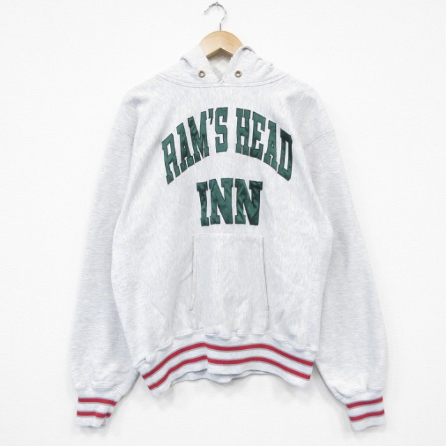 XL★古着 長袖 スウェット パーカー メンズ 90年代 90s INN 刺繍 リバースタイプ USA製 グレー 霜降り 26may29