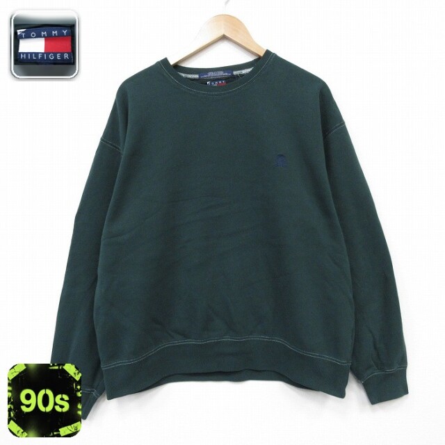 【20%OFF】トミーヒルフィガー 90s 長袖スウェット ワンポイントロゴ グリーン メンズXL相当 | 古着