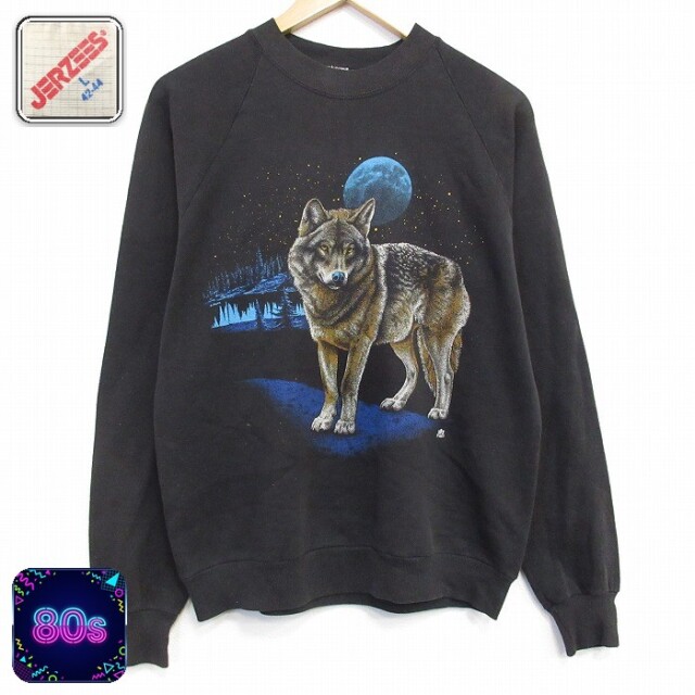 【20%OFF】80s ラグランスウェット オオカミ ブラック メンズM相当 | 古着
