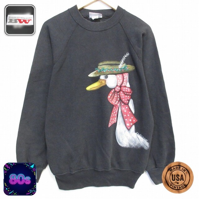【20%OFF】80s ラグランスウェット 鳥ハンドペイント ブラック メンズL相当 | 古着