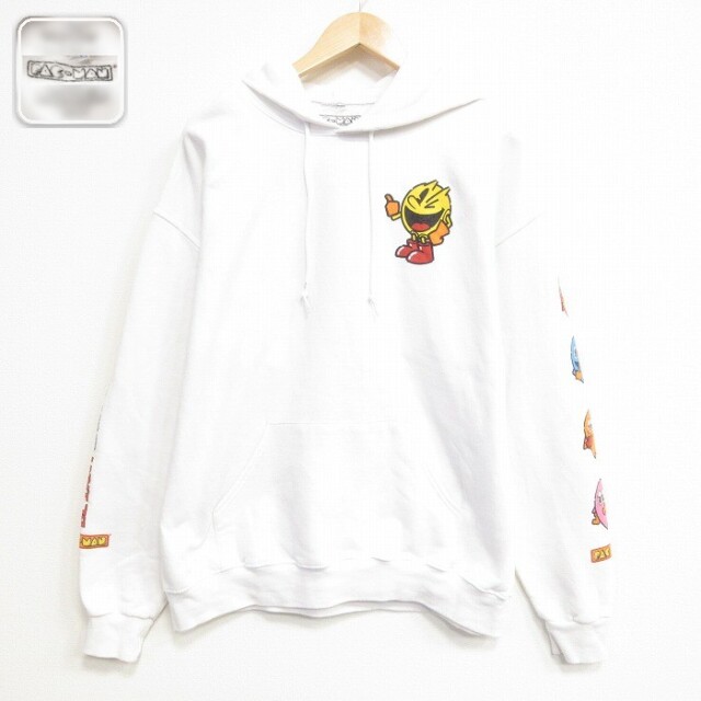 【20%OFF】パックマン 長袖スウェットパーカー ホワイト メンズXL相当 | 古着