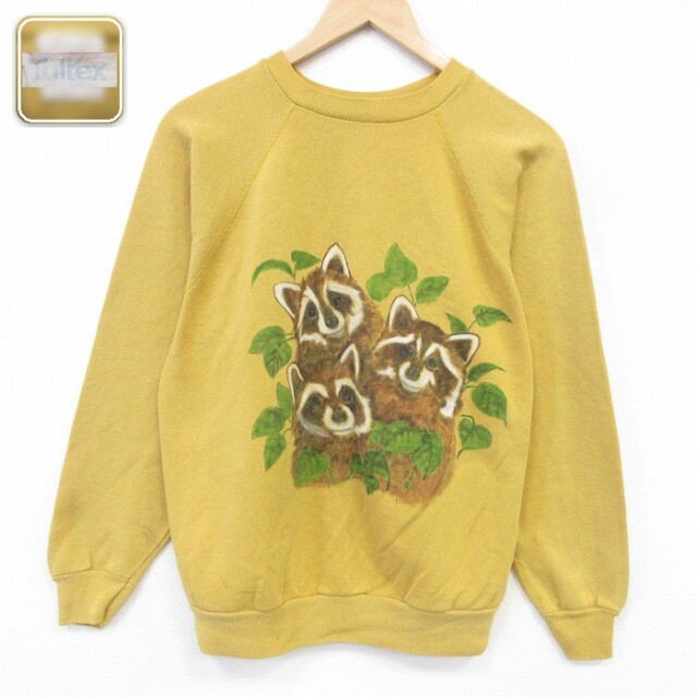 【20%OFF】80s ラグランスウェット アライグマハンドペイント イエロー メンズM相当 | 古着