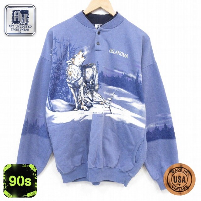 【20%OFF】90s 長袖スウェット オオカミ ネイビー メンズXL相当 | 古着
