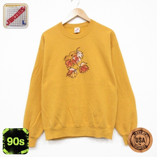 90s 長袖スウェット 葉刺繍 イエロー メンズL相当 | 古着