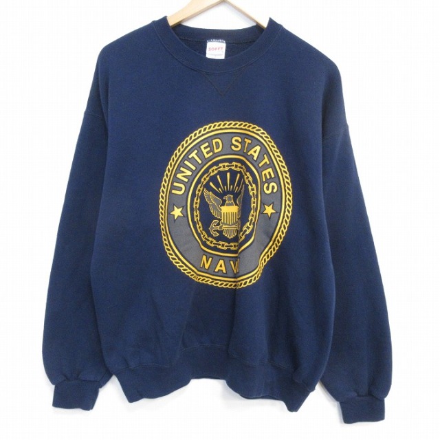 XL★古着 長袖 スウェット メンズ 90年代 90s ミリタリー USネイビー リフレクター クルーネック USA製 ネイビー 26jul01