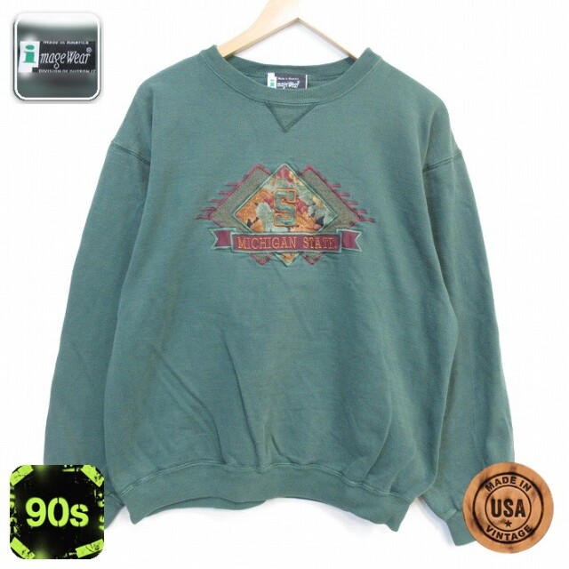 ミシガン 90s 長袖スウェット 刺繍 グリーン メンズL相当 | 古着