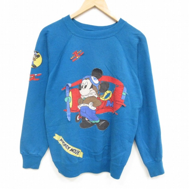 ヘインズ 90s 長袖スウェット ディズニー ミッキー ラグラン ブルー メンズM相当 | 古着