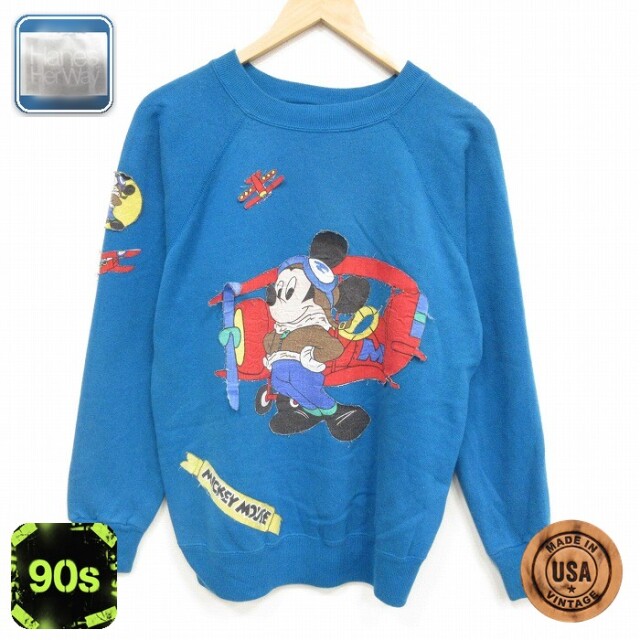 ヘインズ 90s 長袖スウェット ディズニー ミッキー ラグラン ブルー メンズM相当 | 古着