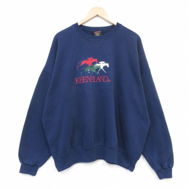 XL★古着 長袖 スウェット メンズ 90年代 90s 競馬 刺繍 大きいサイズ クルーネック USA製 ネイビー 26jul03