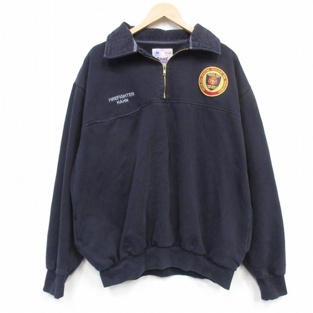 ハーフジップスウェット 90s 消防署 ネイビー メンズXL相当 | 古着