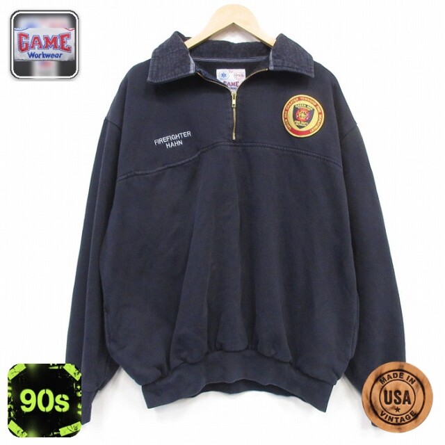 ハーフジップスウェット 90s 消防署 ネイビー メンズXL相当 | 古着