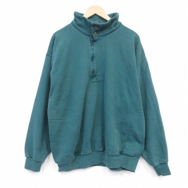 XL★古着 長袖 ハーフジップ スウェット メンズ 90年代 90s 無地 大きいサイズ USA製 グリーン 26jul03