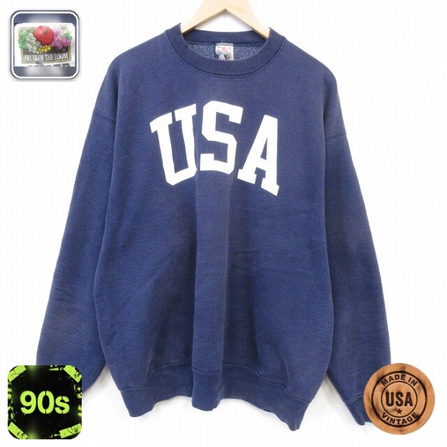 フルーツオブザルーム 90s 長袖スウェット USAロゴ ネイビー メンズXL相当 | 古着