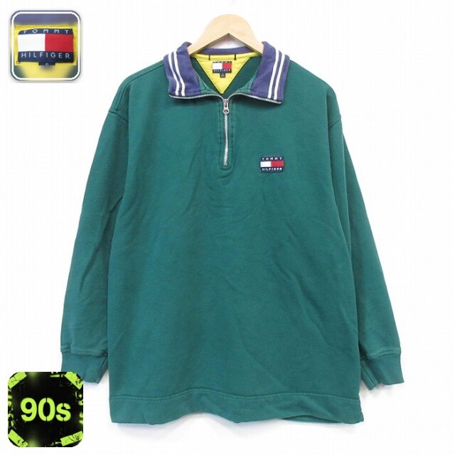 トミーヒルフィガー 90s 長袖スウェット ワンポイントロゴ グリーン メンズL相当 | 古着