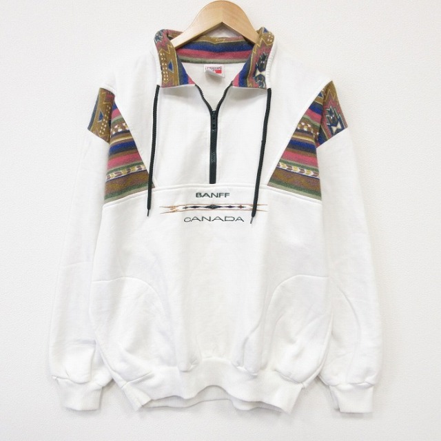 ハーフジップスウェット 90s BANFF ホワイト メンズXL相当 | 古着