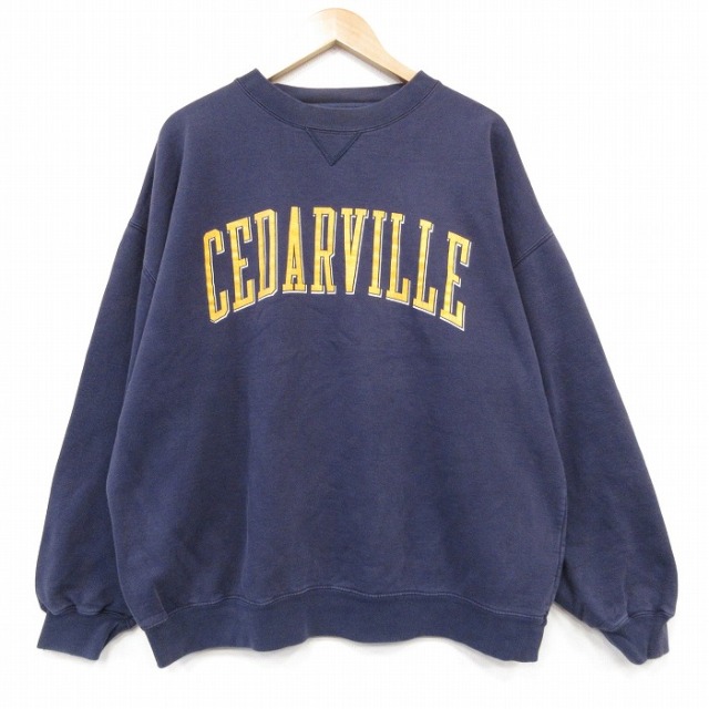XL★古着 長袖 スウェット メンズ 90年代 90s CEDARVILLE 大きいサイズ クルーネック ネイビー 26jul27