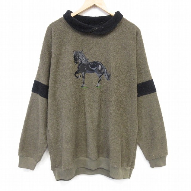 XL★古着 ART UNLIMITED 長袖 スウェット メンズ 90年代 90s 馬 刺繍 大きいサイズ ポリエステル 襟付き USA製 ブラウン 26jul29