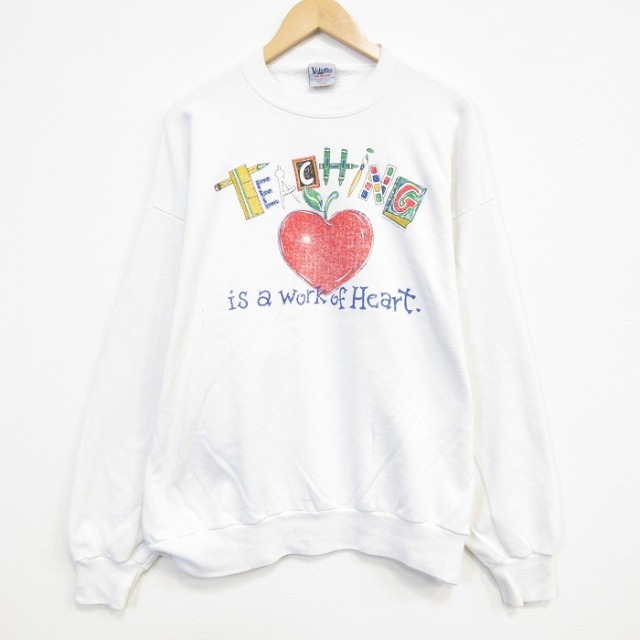XL★古着 長袖 スウェット メンズ 90年代 90s リンゴ 大きいサイズ クルーネック USA製 ホワイト 26jul29