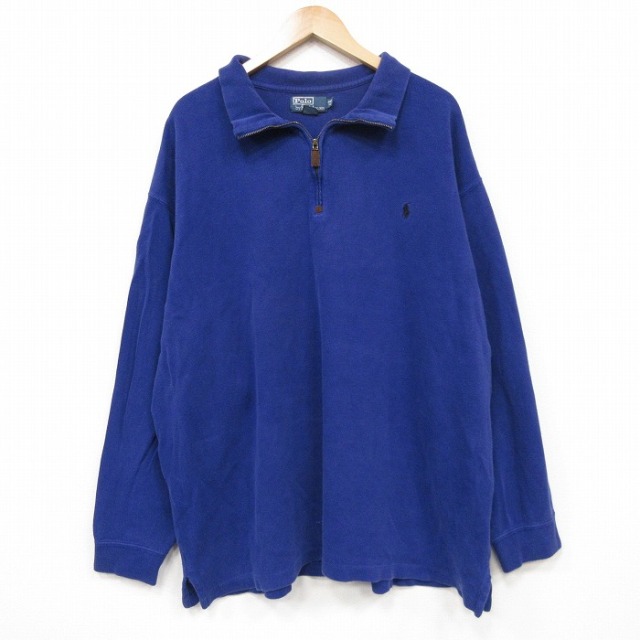 XL★古着 ラルフローレン 長袖 ブランド ハーフジップ トップス メンズ 90年代 90s ワンポイントロゴ 大きいサイズ コットン ブルー【spe】 26jul29