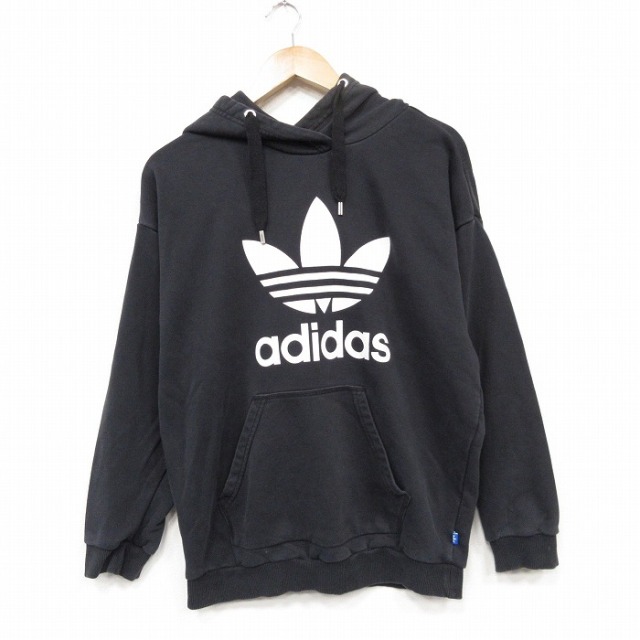 M★古着 アディダス adidas 長袖 スウェット パーカー メンズ ビッグロゴ リーフトレフォイル ブラック【spe】 26jul29