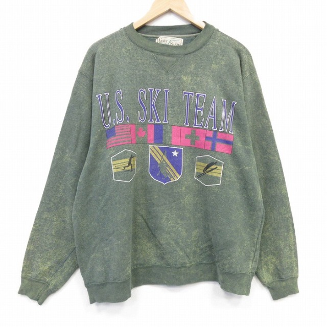 XL★古着 長袖 スウェット メンズ 90年代 90s スキー 大きいサイズ クルーネック カーキ ブリーチ加工 26jul31