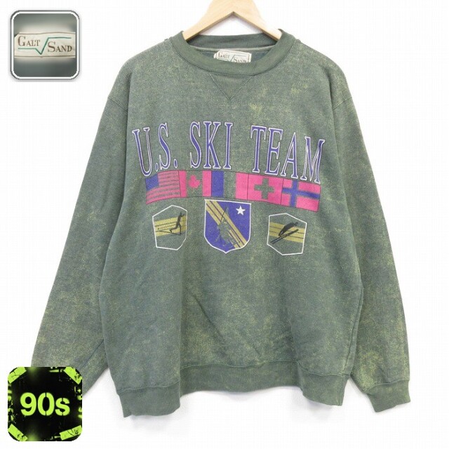 長袖 スウェット 90s スキー クルーネック カーキ ブリーチ加工 メンズXL相当 | 古着