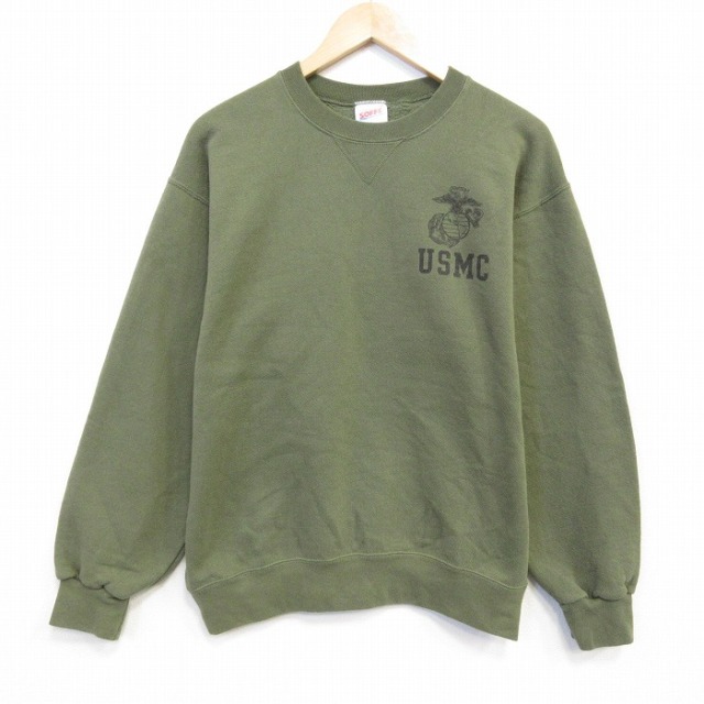 M★古着 長袖 スウェット メンズ 90年代 90s ミリタリー USMC クルーネック USA製 カーキ 26jul31