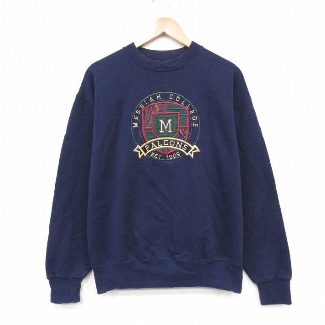 ジャンスポーツ 90s 長袖スウェット メサイアカレッジ刺繍 ネイビー メンズM相当 | 古着