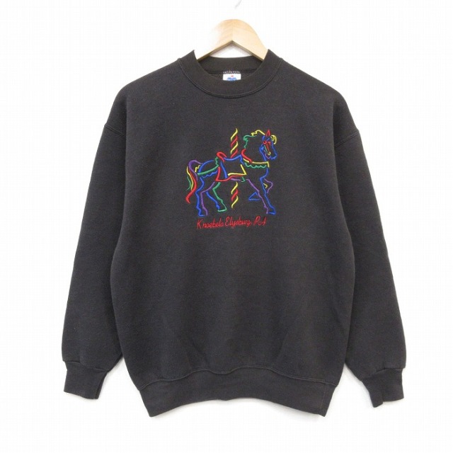 90s 長袖スウェット 馬刺繍 ブラック メンズM相当 | 古着