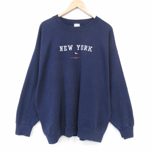 ニューヨーク 90s 長袖スウェット 刺繍 ネイビー メンズXL相当 | 古着