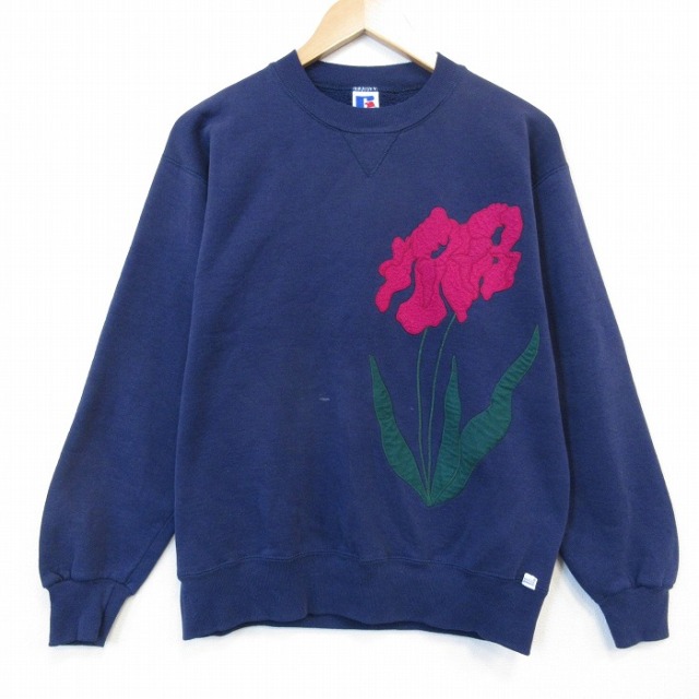 ラッセル 90s 長袖スウェット 花刺繍 ネイビー メンズL相当 | 古着