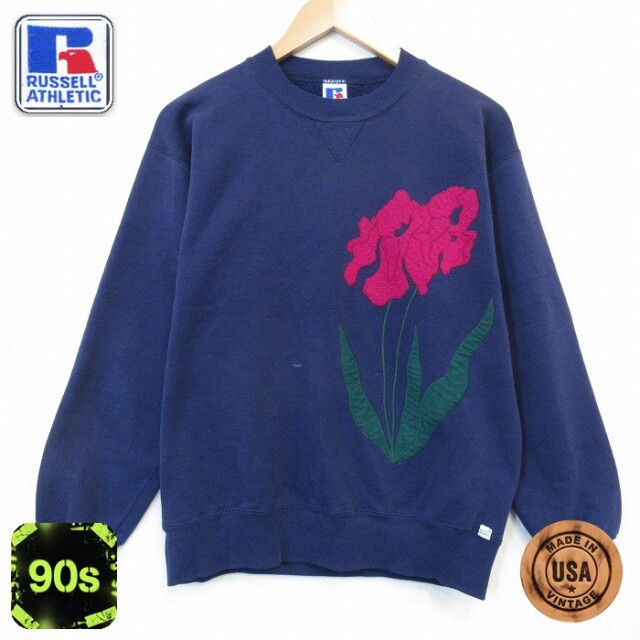 ラッセル 90s 長袖スウェット 花刺繍 ネイビー メンズL相当 | 古着