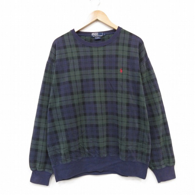 XL★古着 ラルフローレン 長袖 ブランド スウェット メンズ 90年代 90s ワンポイントロゴ 大きいサイズ クルーネック グリーン チェック ブラックウォッチ【spe】 26aug24