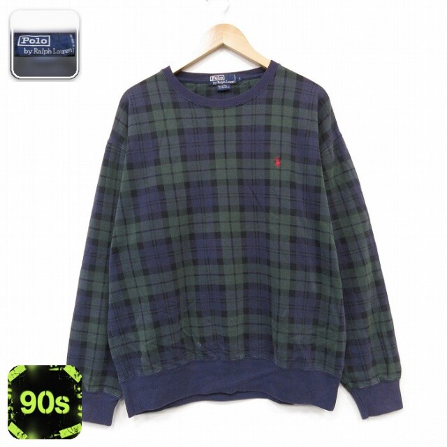 ラルフローレン 90s 長袖スウェット ワンポイントロゴ グリーンチェック メンズXL相当 | 古着